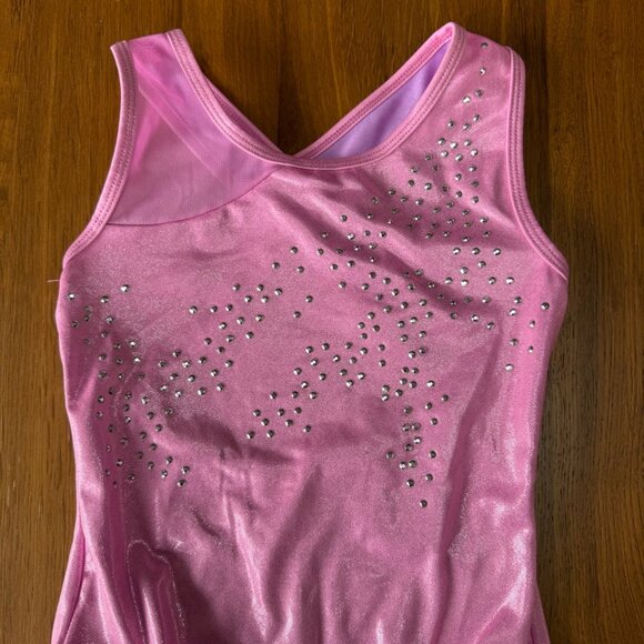 CAT & JACK Pink Gymnastics Leotard Girls S 6/6X Cross Back Rhinestones Mesh Leo - Picture 3 of 5